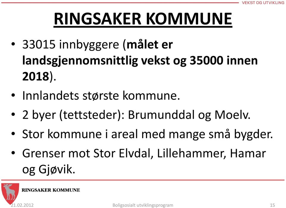 2 byer (tettsteder): Brumunddal og Moelv.