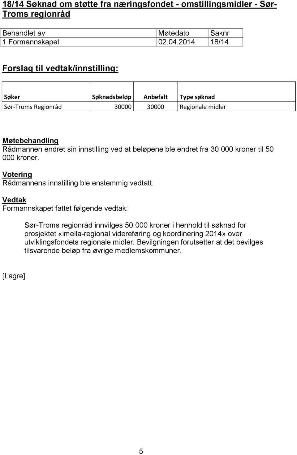 beløpene ble endret fra 30 000 kroner til 50 000 kroner. Votering Rådmannens innstilling ble enstemmig vedtatt.