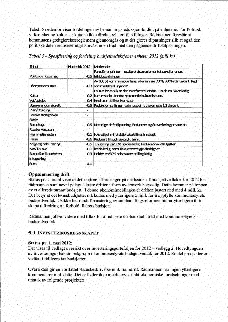 at også den politiske delen redusererutgiftsnivåetnoei tråd med deupågaende driftstilpasningeu; Tabell 5-, Spesifsering og fordeling budsjettreduksjoner enheter 2012 Ei Ne 2O M: Fcâr eirgigcørse