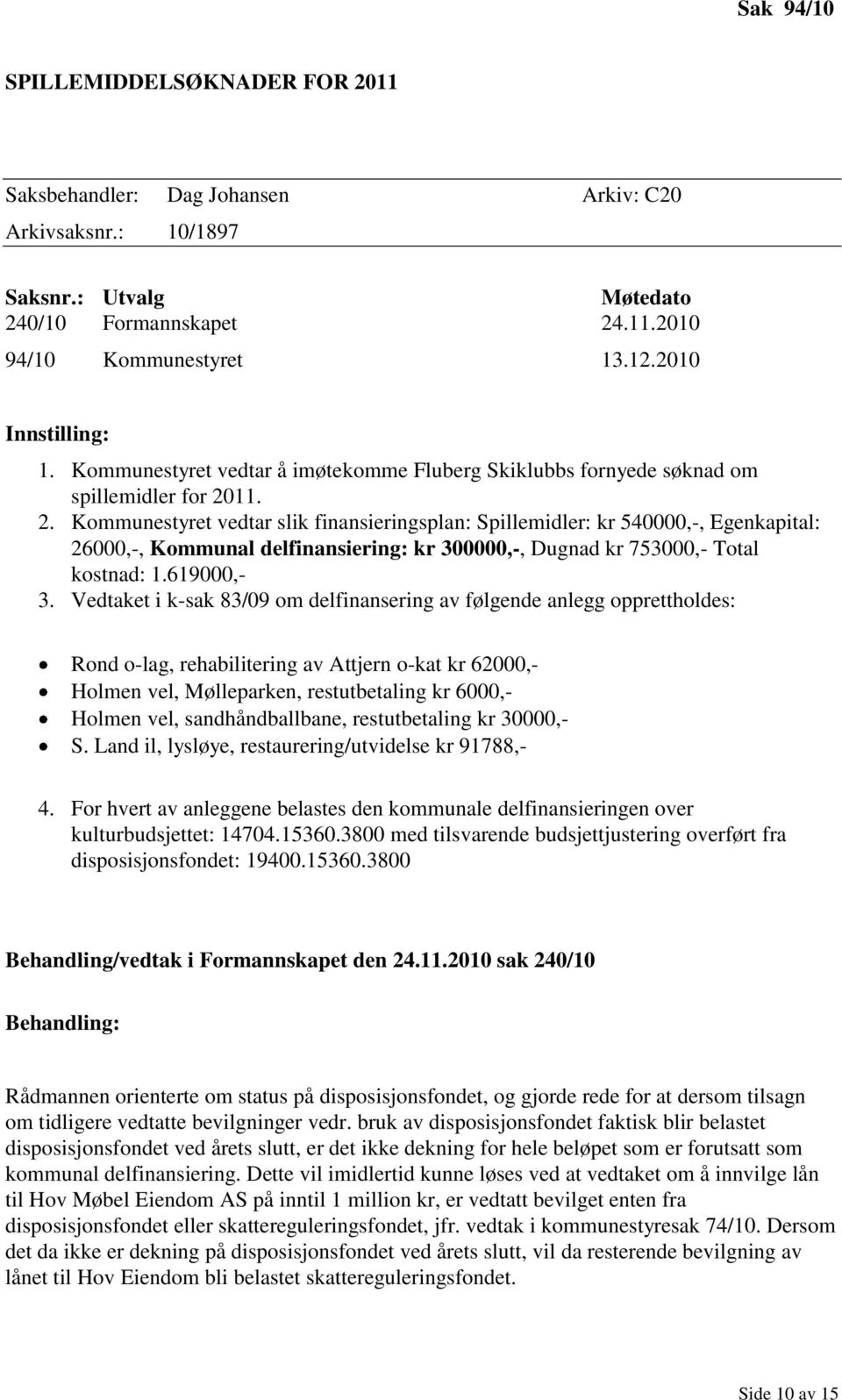 11. 2. Kommunestyret vedtar slik finansieringsplan: Spillemidler: kr 540000,-, Egenkapital: 26000,-, Kommunal delfinansiering: kr 300000,-, Dugnad kr 753000,- Total kostnad: 1.619000,- 3.