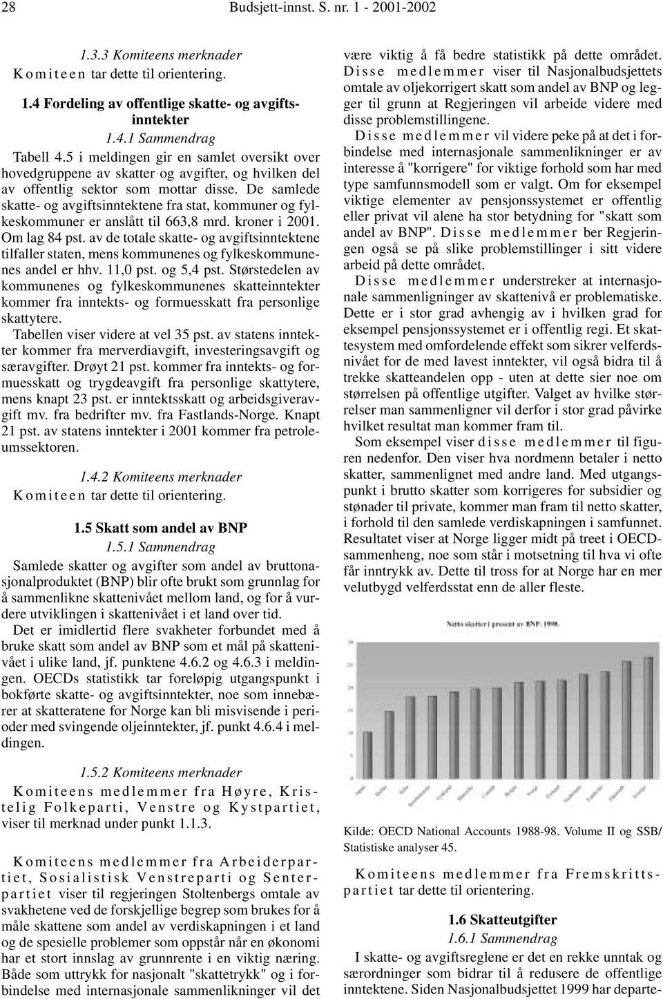 De samlede skatte- og avgiftsinntektene fra stat, kommuner og fylkeskommuner er anslått til 663,8 mrd. kroner i 2001. Om lag 84 pst.