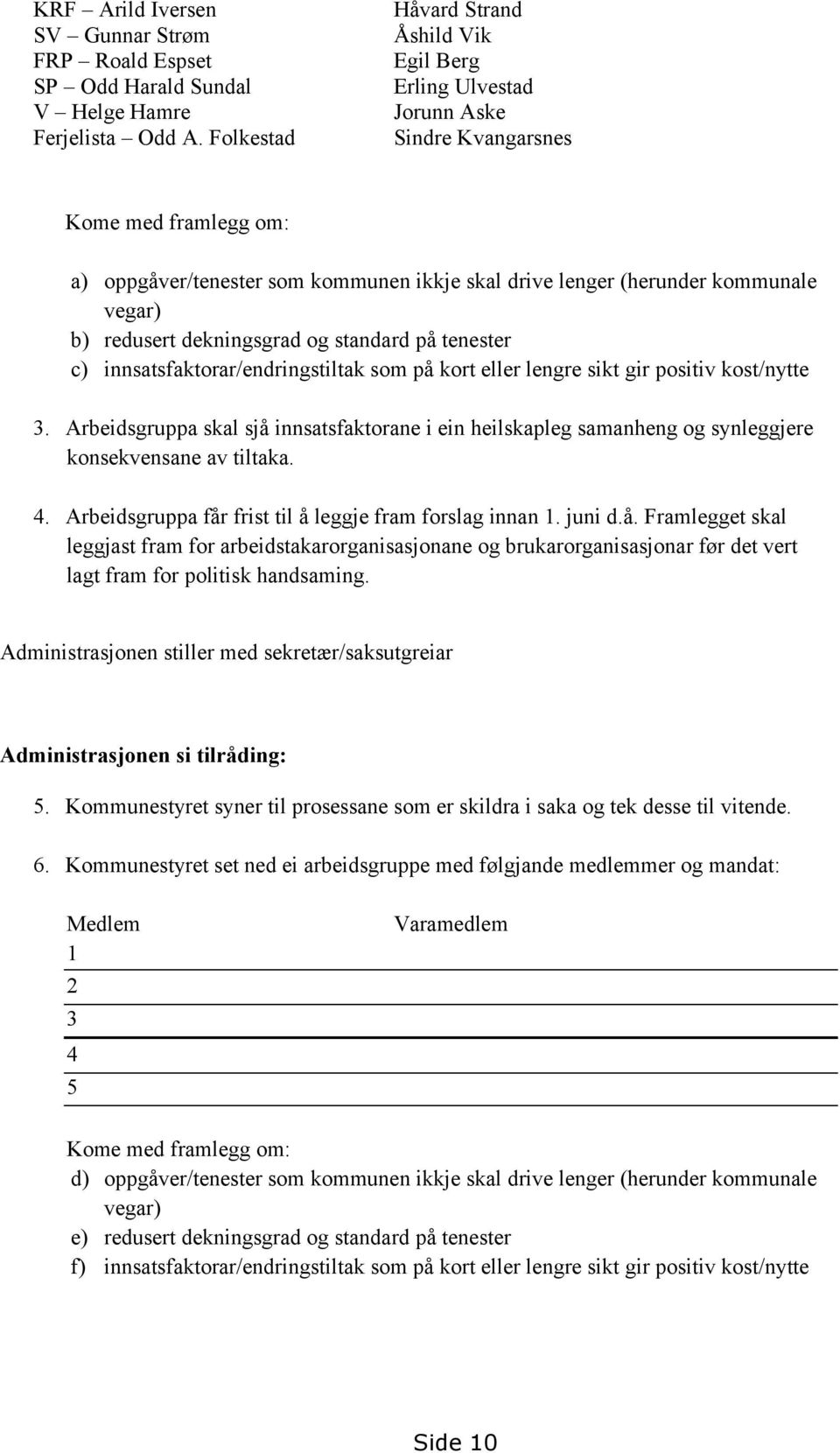 b) redusert dekningsgrad og standard på tenester c) innsatsfaktorar/endringstiltak som på kort eller lengre sikt gir positiv kost/nytte 3.