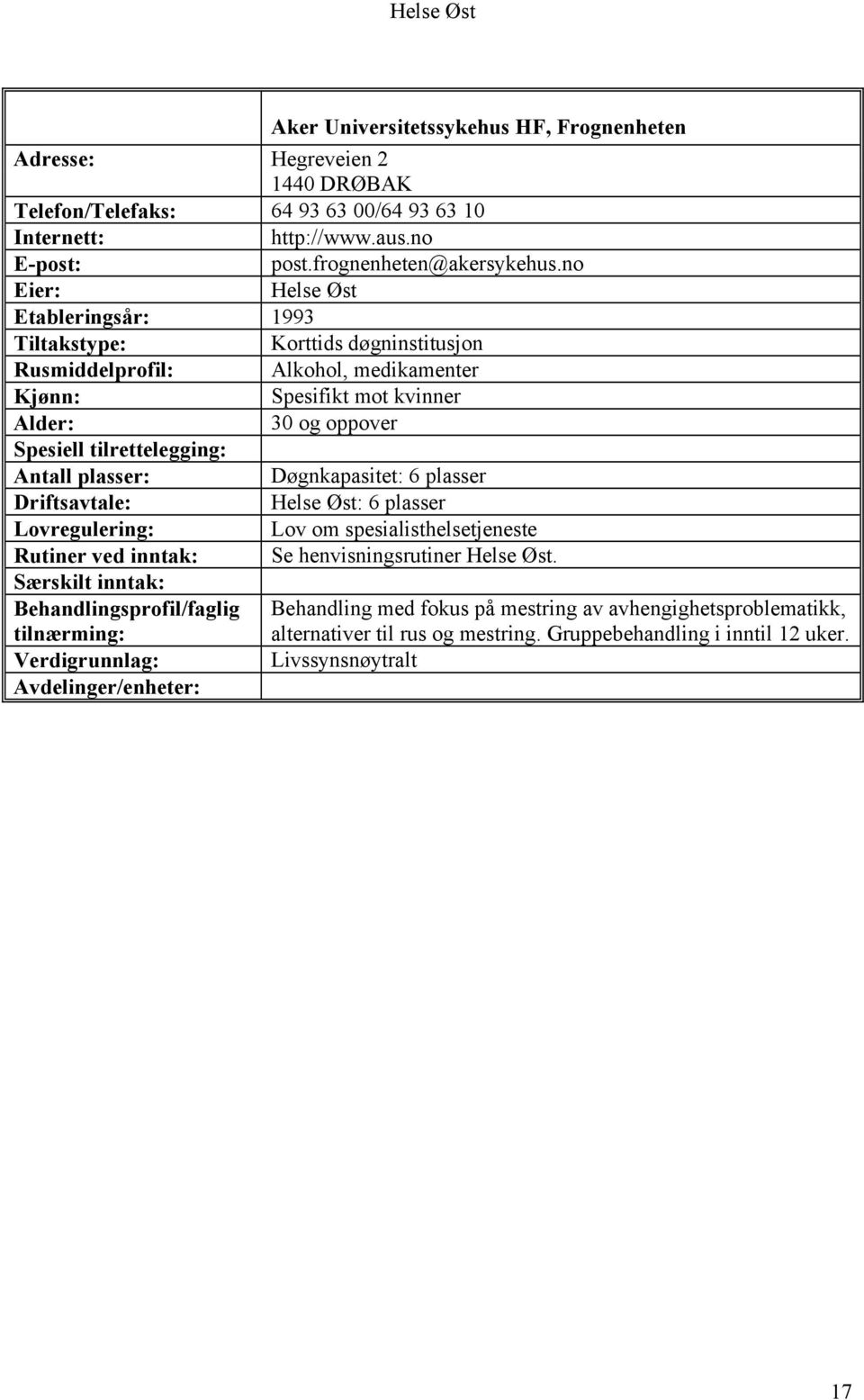 no Helse Øst Etableringsår: 1993 Korttids døgninstitusjon Rusmiddelprofil: Alkohol, medikamenter Spesifikt mot kvinner 30 og oppover Spesiell tilrettelegging: