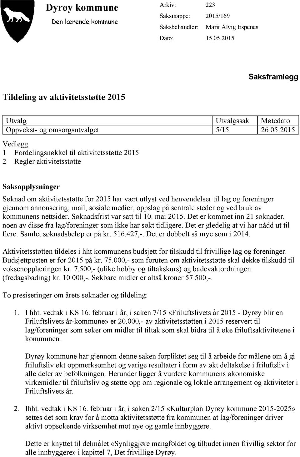 2015 Vedlegg 1 Fordelingsnøkkel til aktivitetsstøtte 2015 2 Regler aktivitetsstøtte Saksopplysninger Søknad om aktivitetsstøtte for 2015 har vært utlyst ved henvendelser til lag og foreninger gjennom