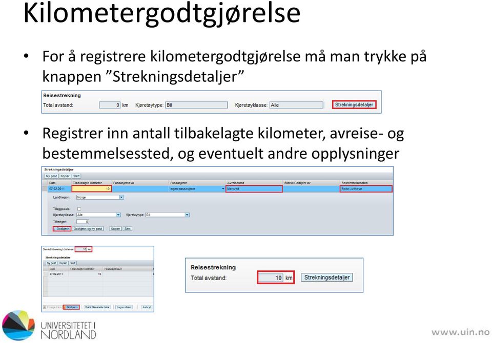 Strekningsdetaljer Registrer inn antall tilbakelagte