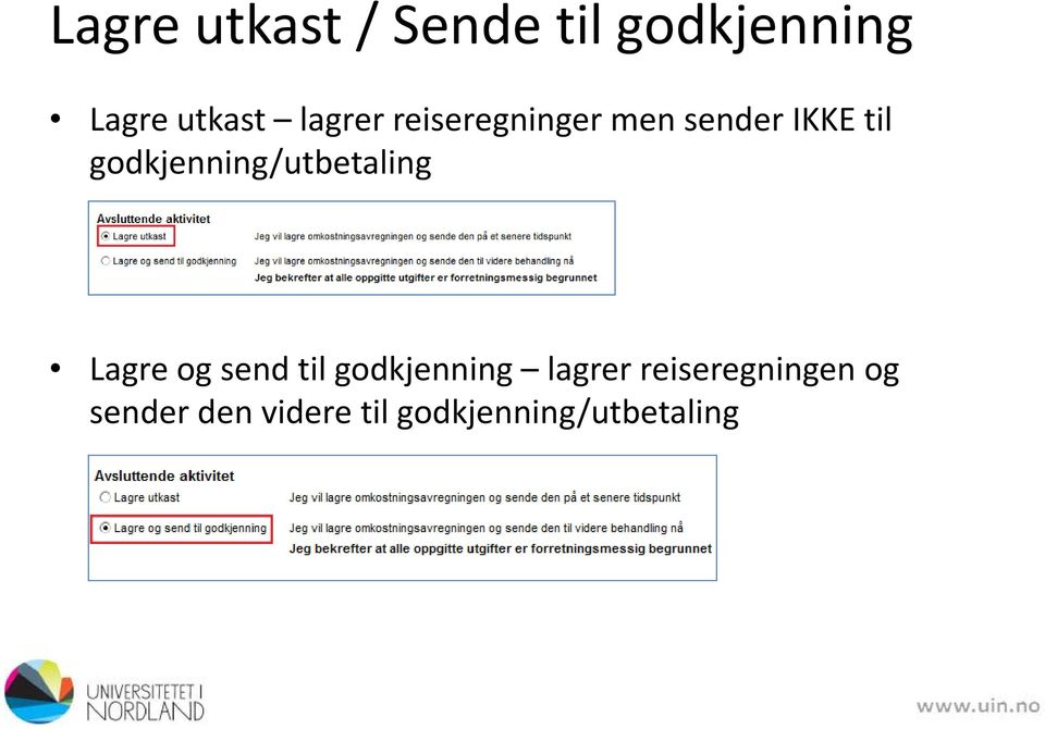 godkjenning/utbetaling Lagre og send til godkjenning