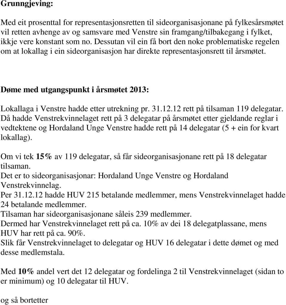 Døme med utgangspunkt i årsmøtet 2013: Lokallaga i Venstre hadde etter utrekning pr. 31.12.12 rett på tilsaman 119 delegatar.