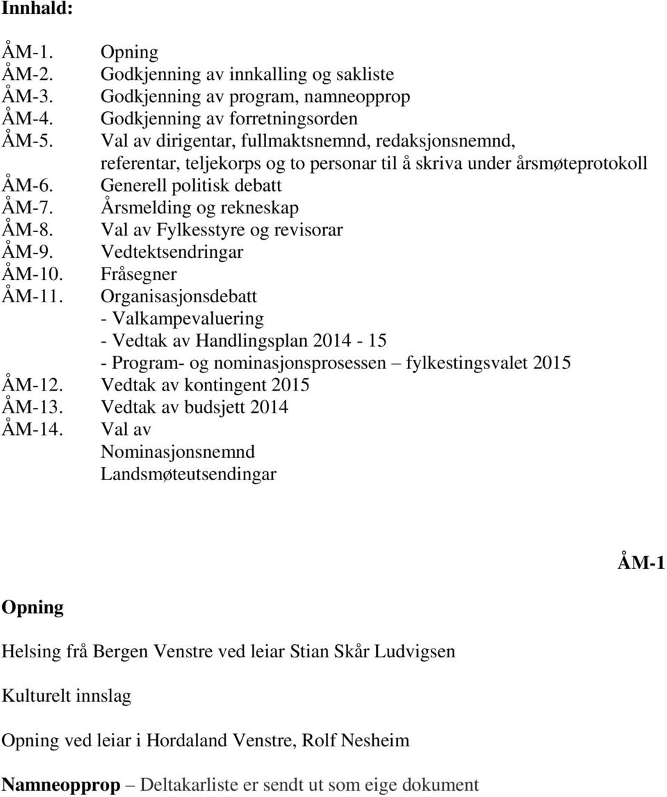 Val av Fylkesstyre og revisorar ÅM-9. Vedtektsendringar ÅM-10. Fråsegner ÅM-11.