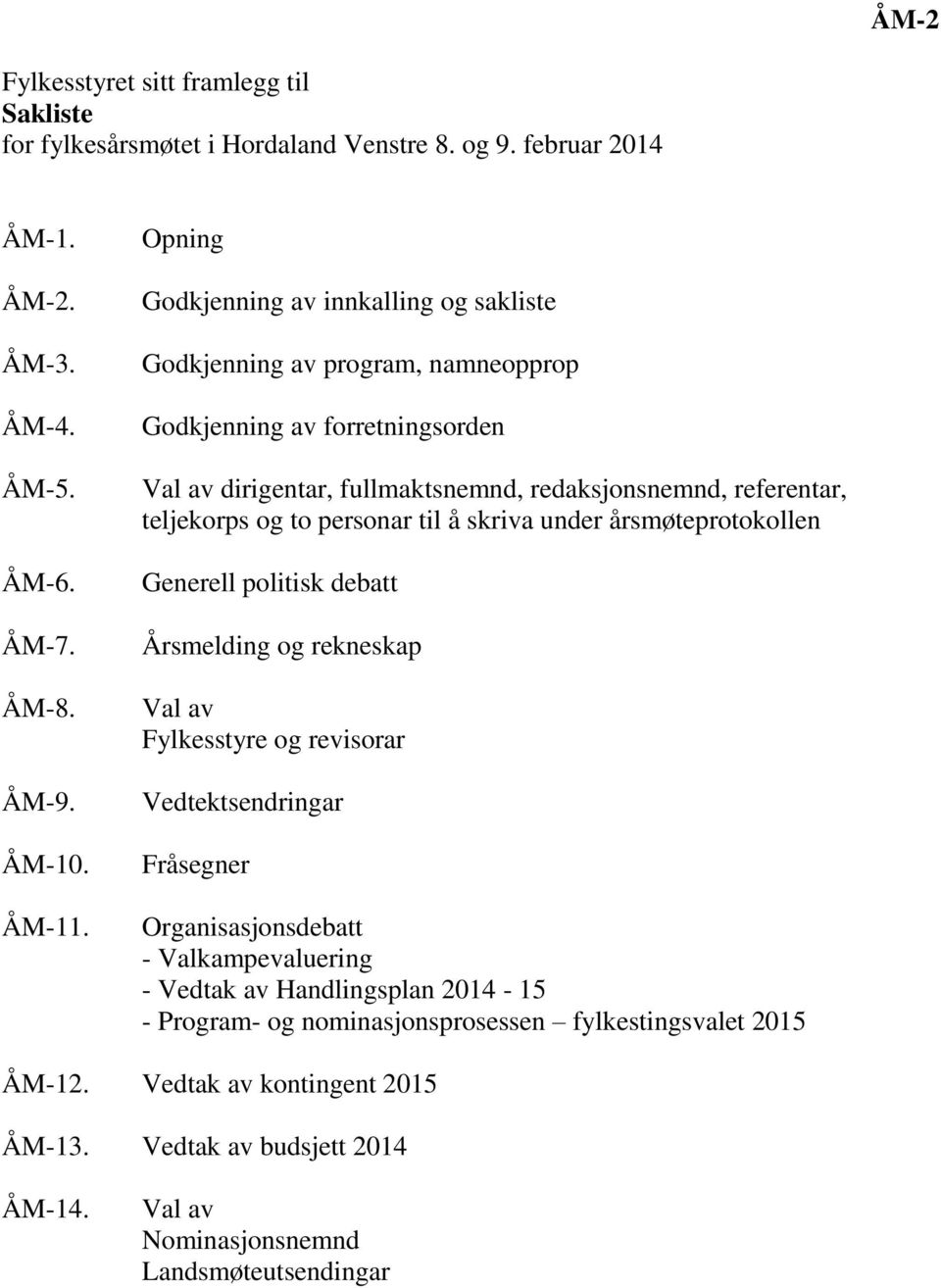 to personar til å skriva under årsmøteprotokollen Generell politisk debatt Årsmelding og rekneskap Val av Fylkesstyre og revisorar Vedtektsendringar Fråsegner Organisasjonsdebatt -