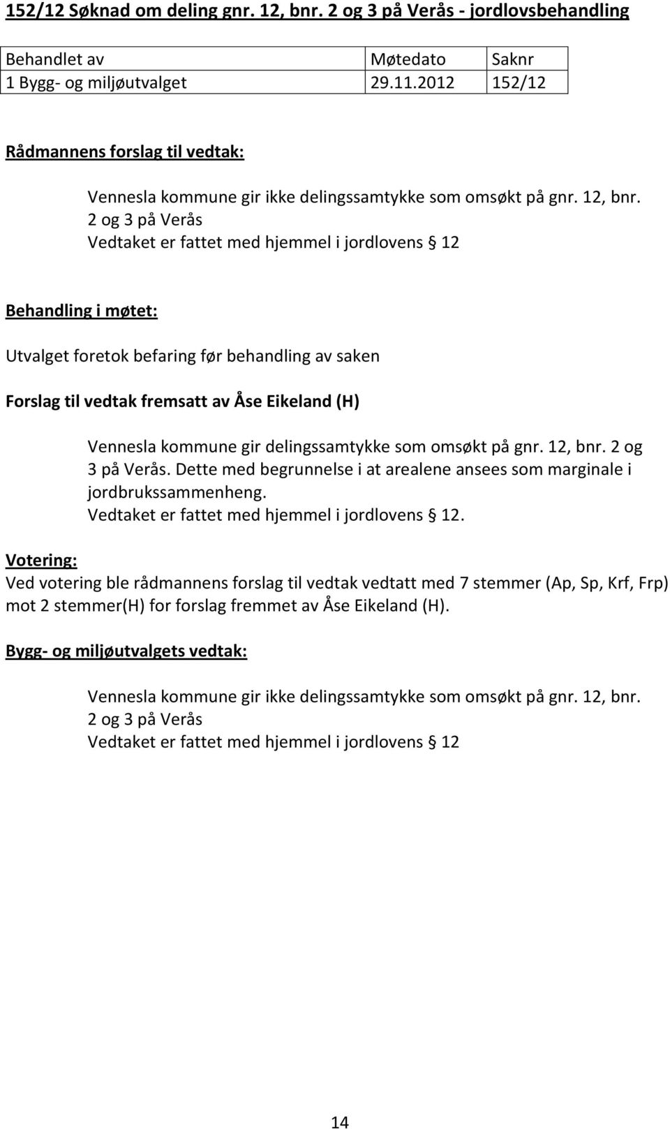 2 og 3 på Verås Vedtaket er fattet med hjemmel i jordlovens 12 Behandling i møtet: Utvalget foretok befaring før behandling av saken Forslag til vedtak fremsatt av Åse Eikeland (H) Vennesla kommune