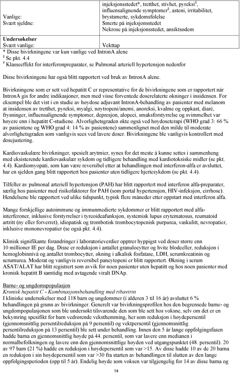 4 # Klasseeffekt for interferonpreparater, se Pulmonal arteriell hypertensjon nedenfor Disse bivirkningene har også blitt rapportert ved bruk av IntronA alene.