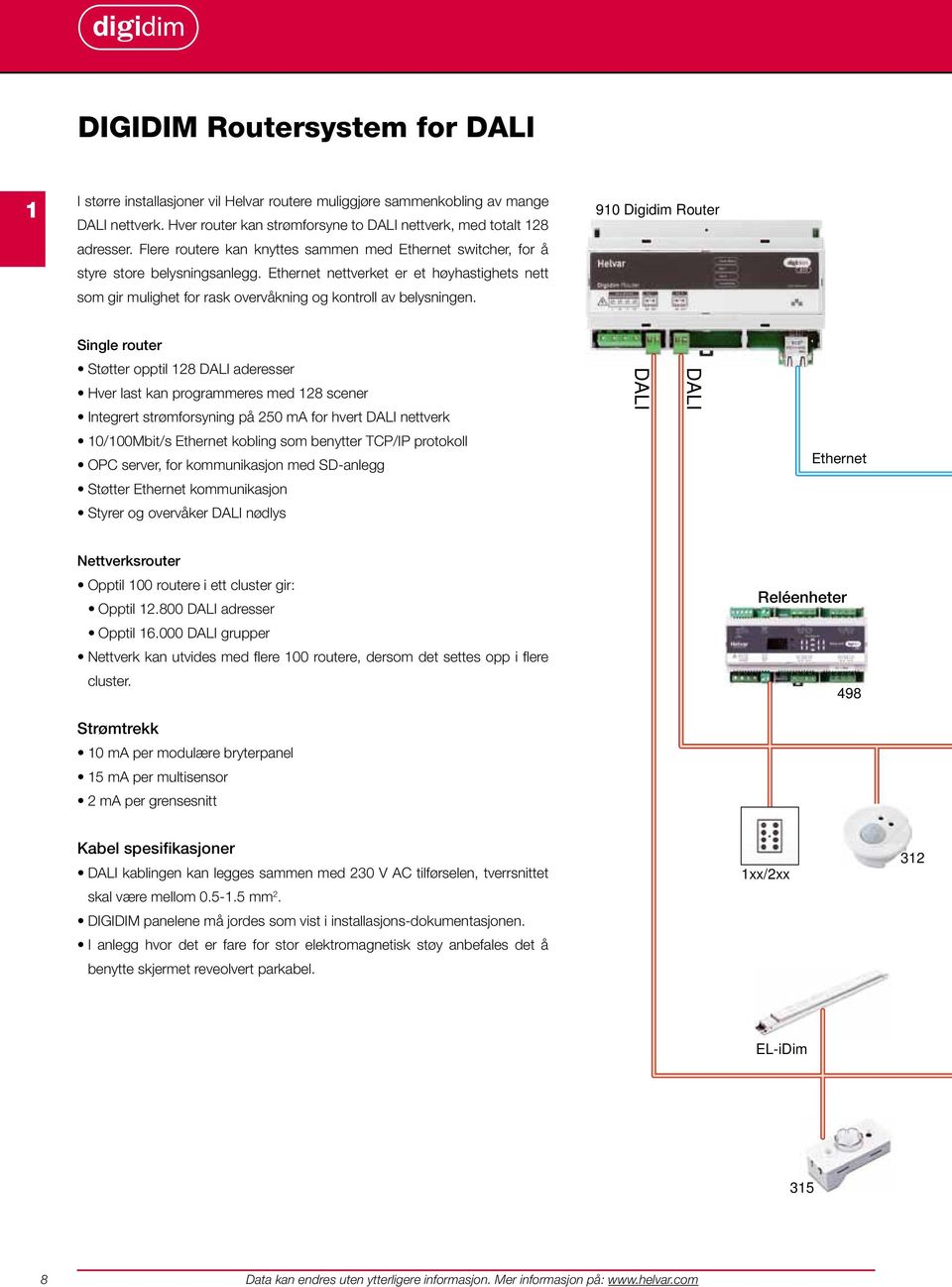 910 Digidim Router Single router Støtter opptil 128 DAI aderesser Hver last kan programmeres med 128 scener Integrert strømforsyning på 250 ma for hvert DAI nettverk 10/100Mbit/s thernet kobling som