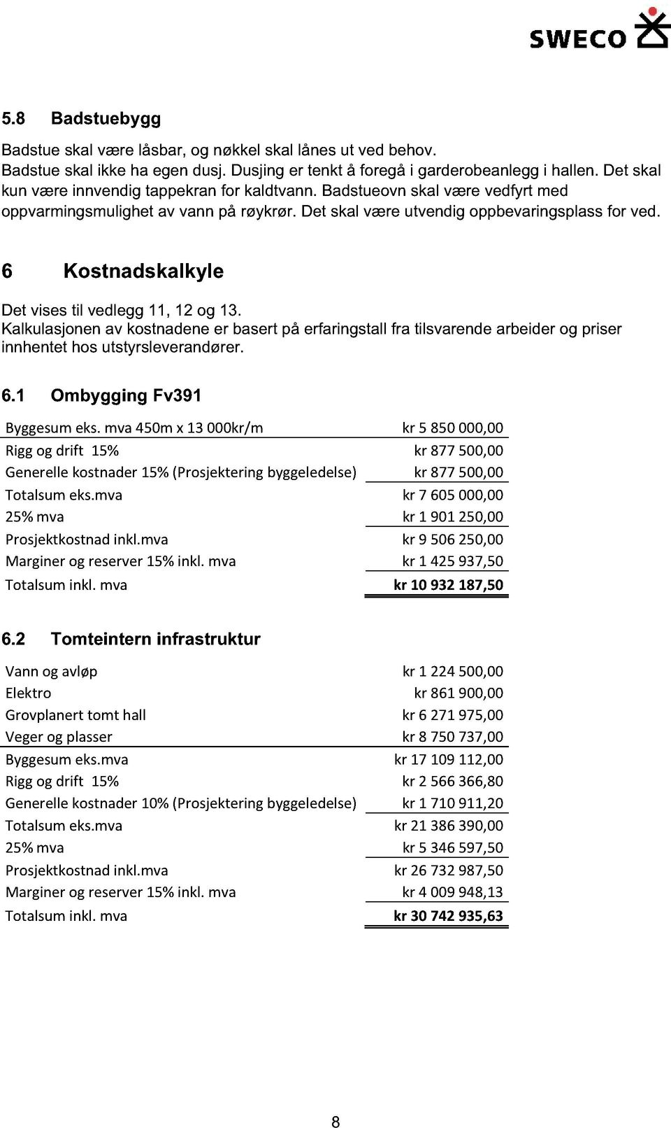 6 Kostnadskalkyle Det vises til vedlegg 11, 12 og 13. Kalkulasjonen av kostnadene er basert på erfaringstall fra tilsvarende arbeider og priser innhentet hos utstyrsleverandører. 6.