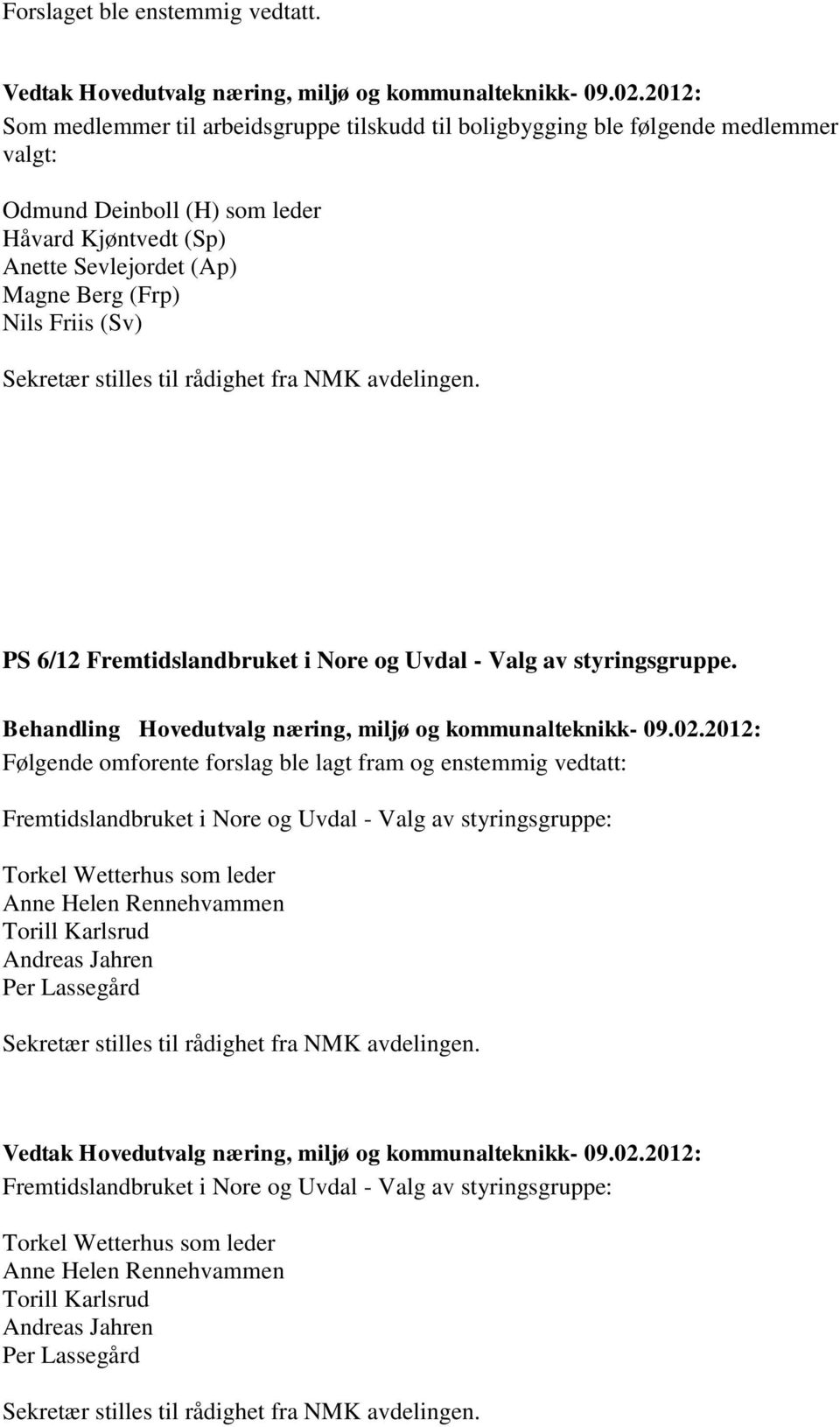 Sekretær stilles til rådighet fra NMK avdelingen. PS 6/12 Fremtidslandbruket i Nore og Uvdal - Valg av styringsgruppe.