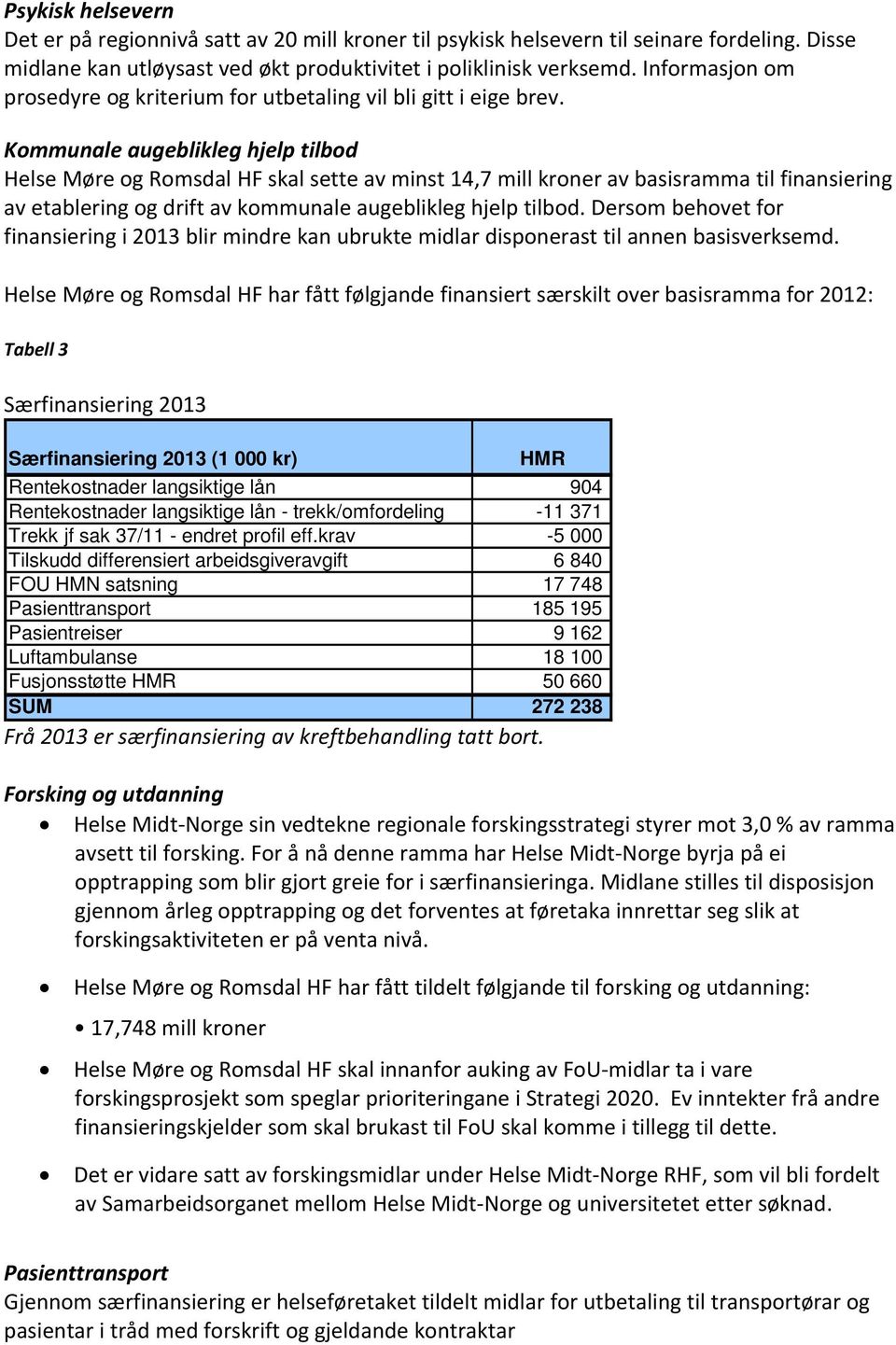 Kommunale augeblikleg hjelp tilbod Helse Møre og Romsdal HF skal sette av minst 14,7 mill kroner av basisramma til finansiering av etablering og drift av kommunale augeblikleg hjelp tilbod.