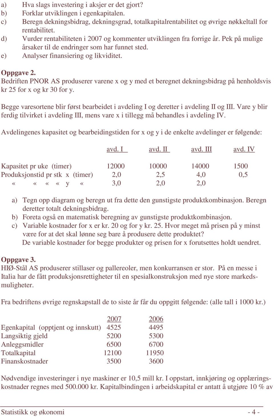 Bedriften PNOR AS produserer varene x og y med et beregnet dekningsbidrag på henholdsvis kr 25 for x og kr 30 for y.