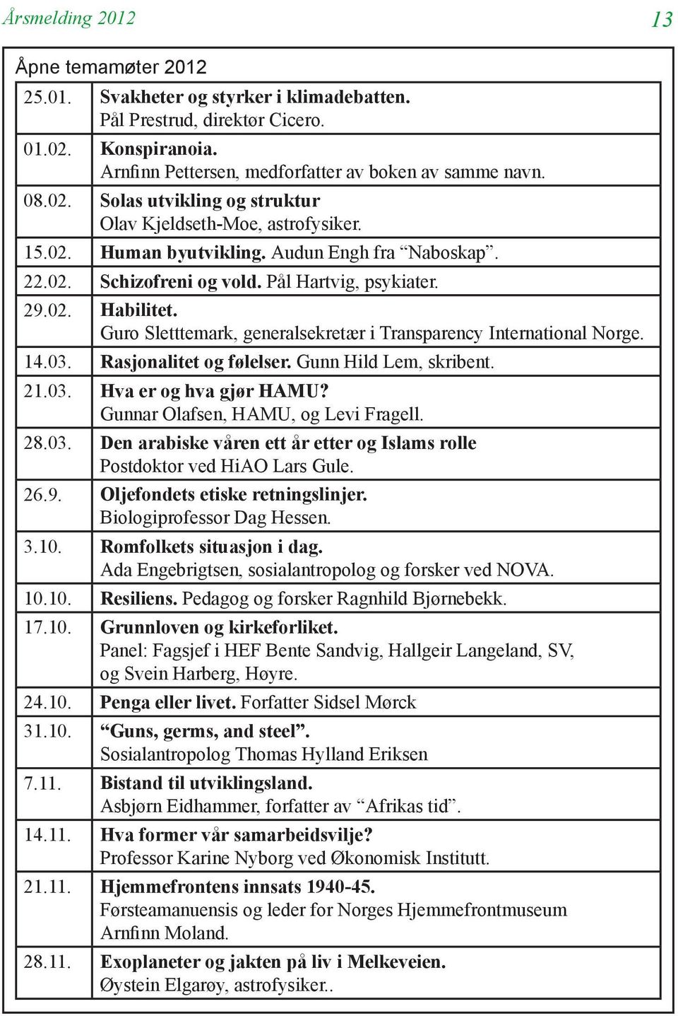 Rasjonalitet og følelser. Gunn Hild Lem, skribent. 21.03. Hva er og hva gjør HAMU? Gunnar Olafsen, HAMU, og Levi Fragell. 28.03. Den arabiske våren ett år etter og Islams rolle Postdoktor ved HiAO Lars Gule.