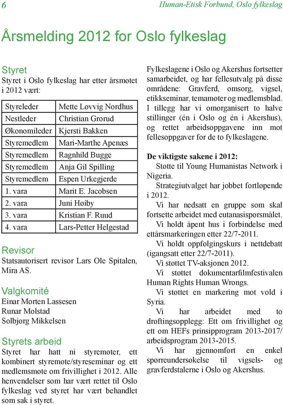 Valgkomité Einar Morten Lassesen Runar Molstad Solbjørg Mikkelsen Mette Løvvig Nordhus Christian Grorud Kjersti Bakken Mari-Marthe Apenæs Ragnhild Bugge Anja Gil Spilling Espen Urkegjerde 1.