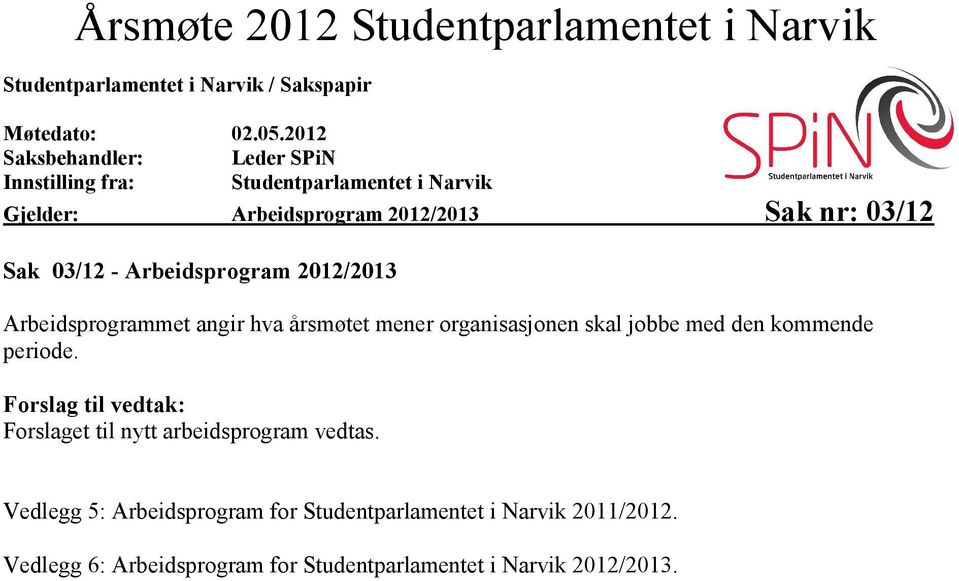 03/12 - Arbeidsprogram 2012/2013 Arbeidsprogrammet angir hva årsmøtet mener organisasjonen skal jobbe med den kommende periode.