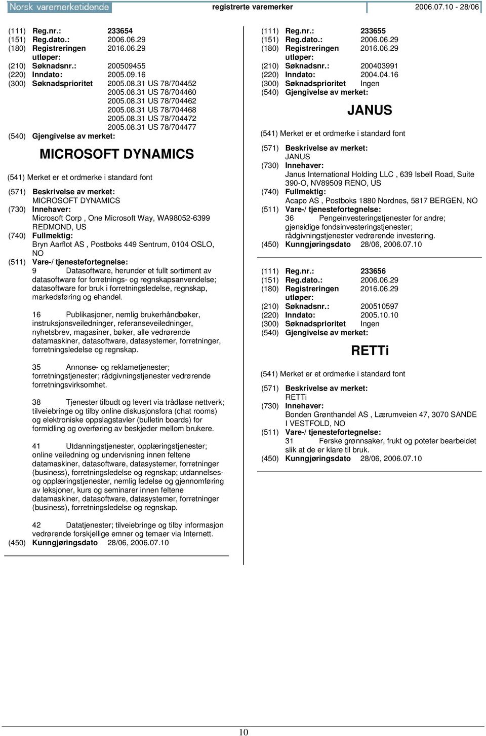 Microsoft Way, WA98052-6399 REDMOND, US Bryn Aarflot AS, Postboks 449 Sentrum, 0104 OSLO, 9 Datasoftware, herunder et fullt sortiment av datasoftware for forretnings- og regnskapsanvendelse;