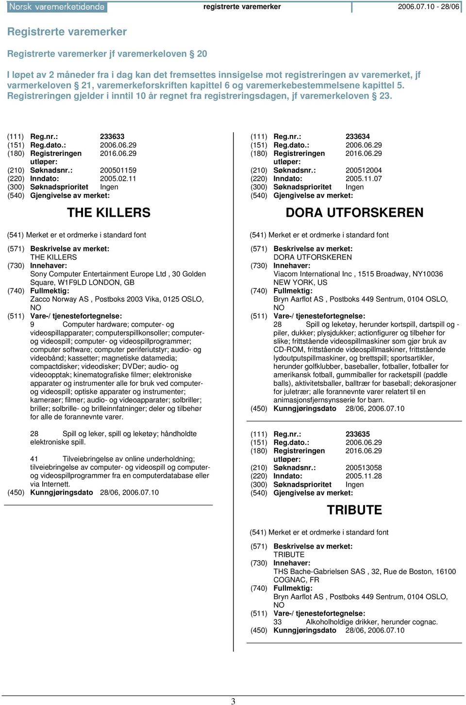 varemerkeforskriften kapittel 6 og varemerkebestemmelsene kapittel 5. Registreringen gjelder i inntil 10 år regnet fra registreringsdagen, jf varemerkeloven 23. (111) Reg.nr.: 233633 (151) Reg.dato.