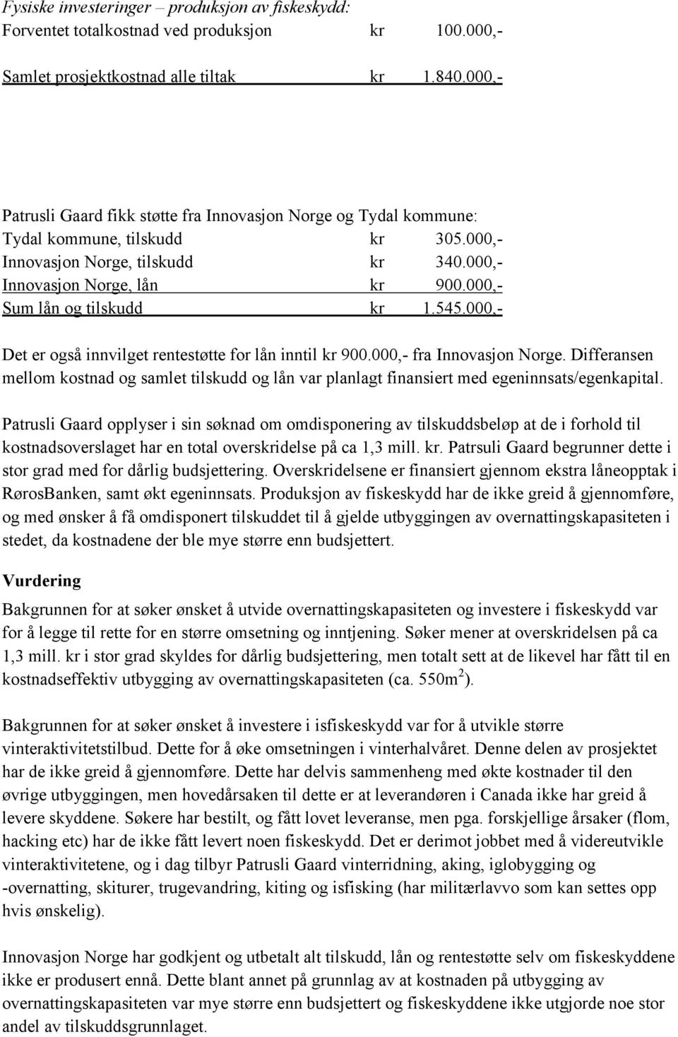 000,- Sum lån og tilskudd kr 1.545.000,- Det er også innvilget rentestøtte for lån inntil kr 900.000,- fra Innovasjon Norge.