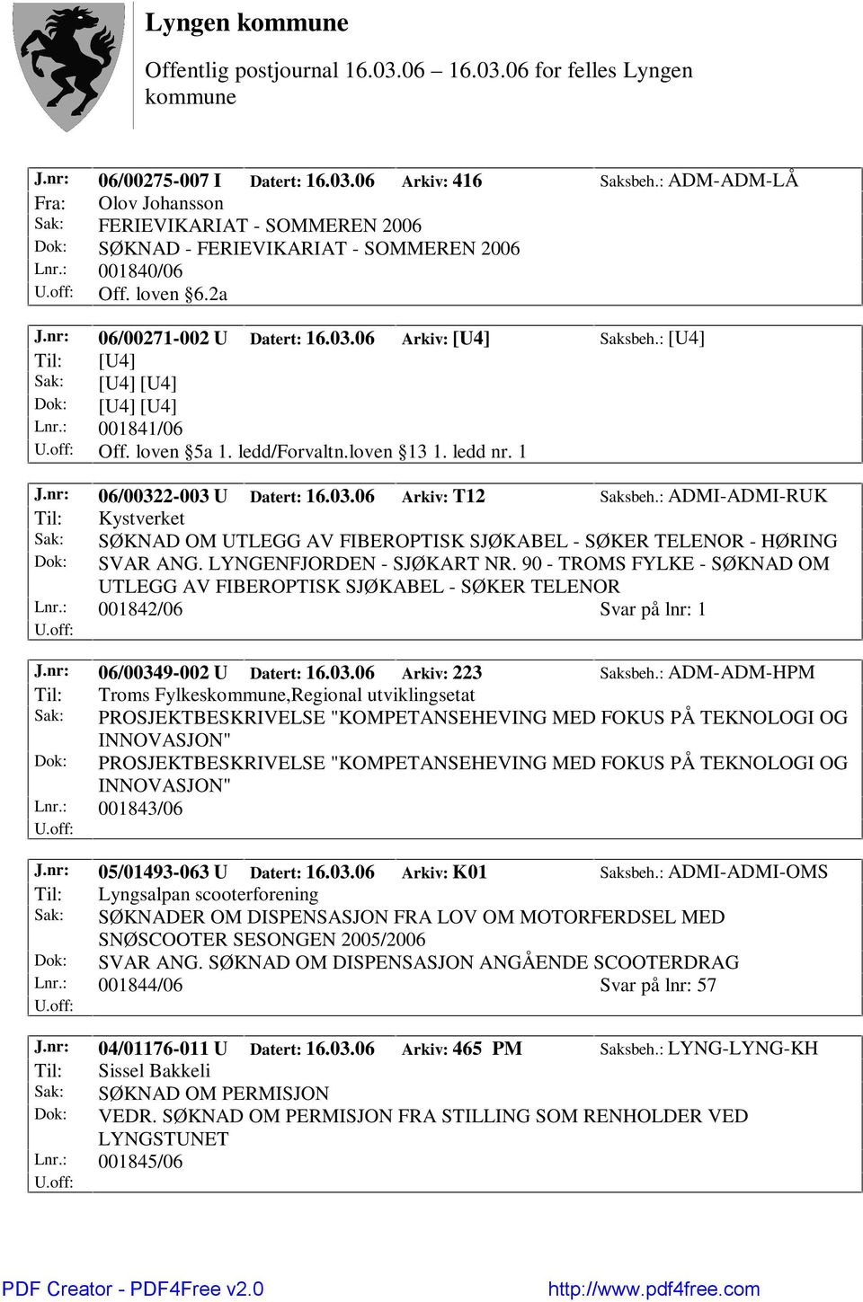 nr: 06/00322-003 U Datert: 16.03.06 Arkiv: T12 Saksbeh.: ADMI-ADMI-RUK Til: Kystverket Sak: SØKNAD OM UTLEGG AV FIBEROPTISK SJØKABEL - SØKER TELENOR - HØRING Dok: SVAR ANG. LYNGENFJORDEN - SJØKART NR.