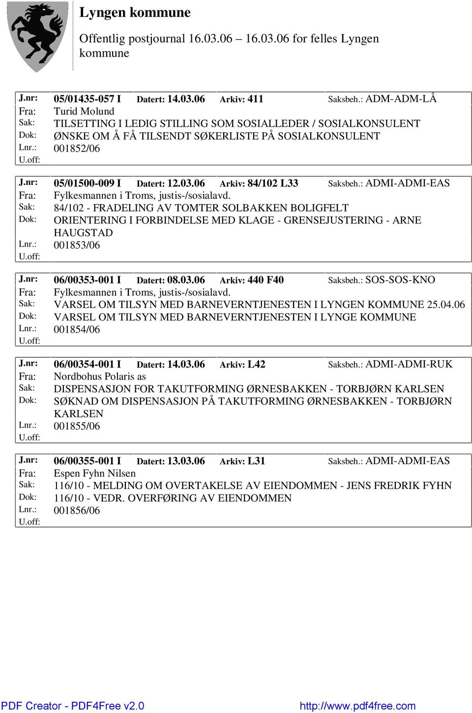 nr: 05/01500-009 I Datert: 12.03.06 Arkiv: 84/102 L33 Saksbeh.: ADMI-ADMI-EAS Fra: Fylkesmannen i Troms, justis-/sosialavd.