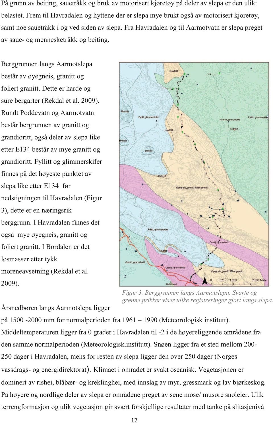 Fra Havradalen og til Aarmotvatn er slepa preget av saue- og mennesketråkk og beiting. Berggrunnen langs Aarmotslepa består av øyegneis, granitt og foliert granitt.