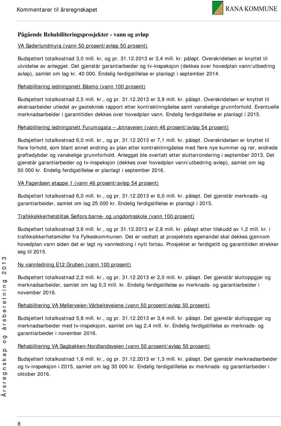 Endelig ferdigstillelse er planlagt i september 2014. Rehabilitering ledningsnett Båsmo (vann 100 prosent) Budsjettert totalkostnad 2,5 mill. kr., og pr. 31.12.2013 er 3,9 mill. kr. påløpt.