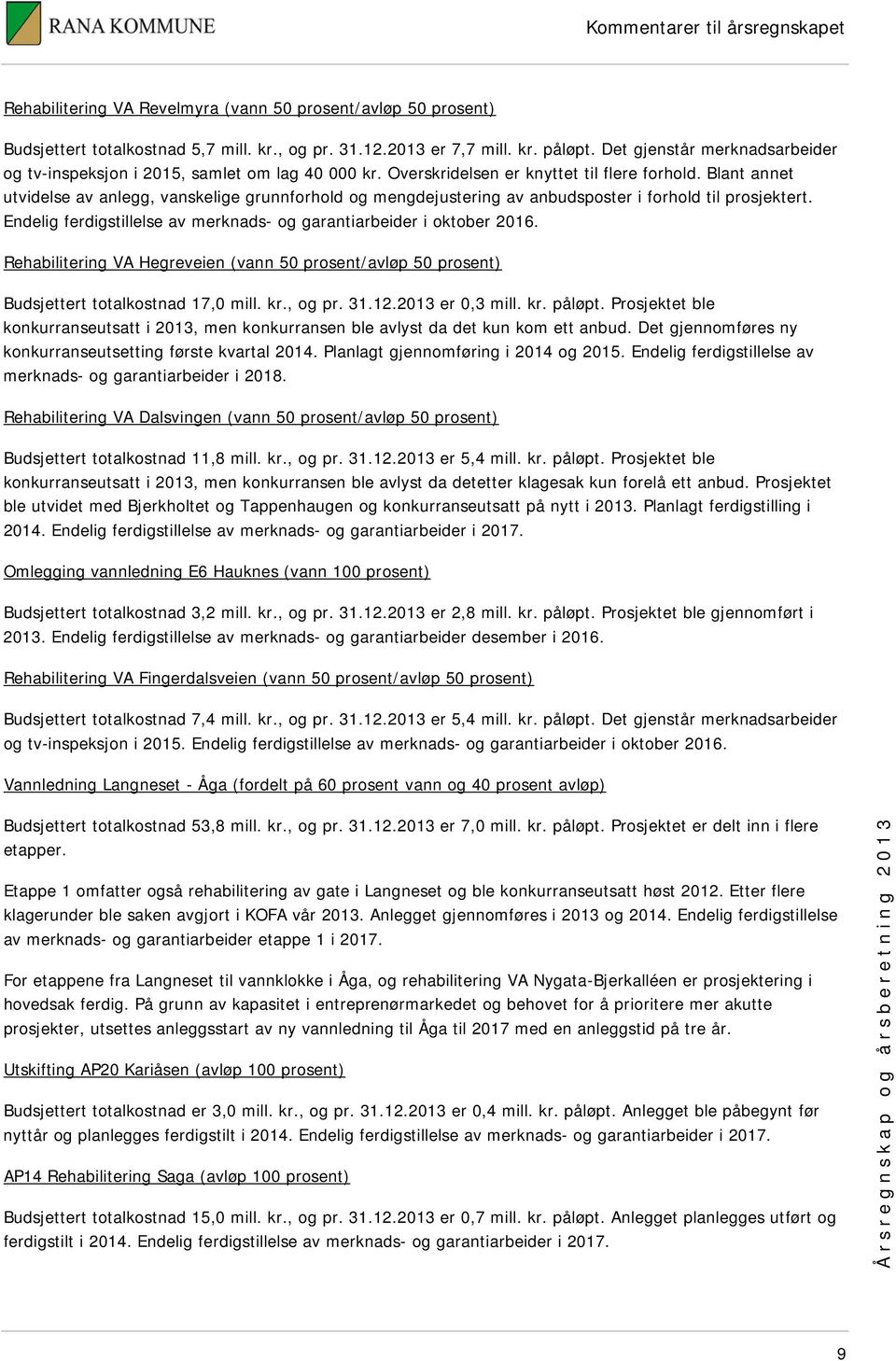 Blant annet utvidelse av anlegg, vanskelige grunnforhold og mengdejustering av anbudsposter i forhold til prosjektert. Endelig ferdigstillelse av merknads- og garantiarbeider i oktober 2016.