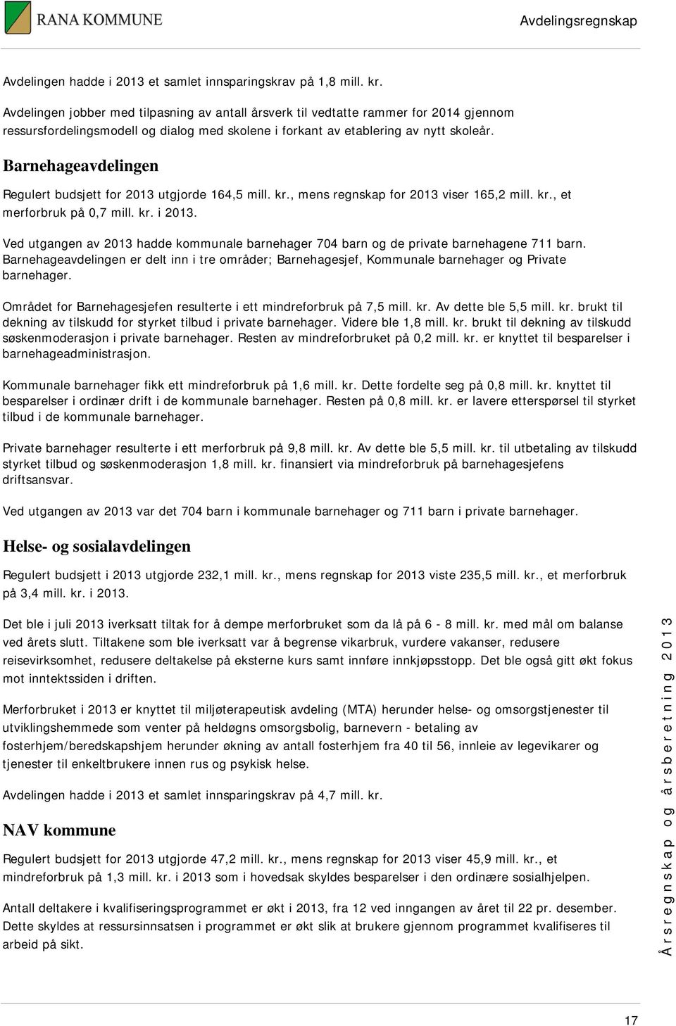 Barnehageavdelingen Regulert budsjett for 2013 utgjorde 164,5 mill. kr., mens regnskap for 2013 viser 165,2 mill. kr., et merforbruk på 0,7 mill. kr. i 2013.