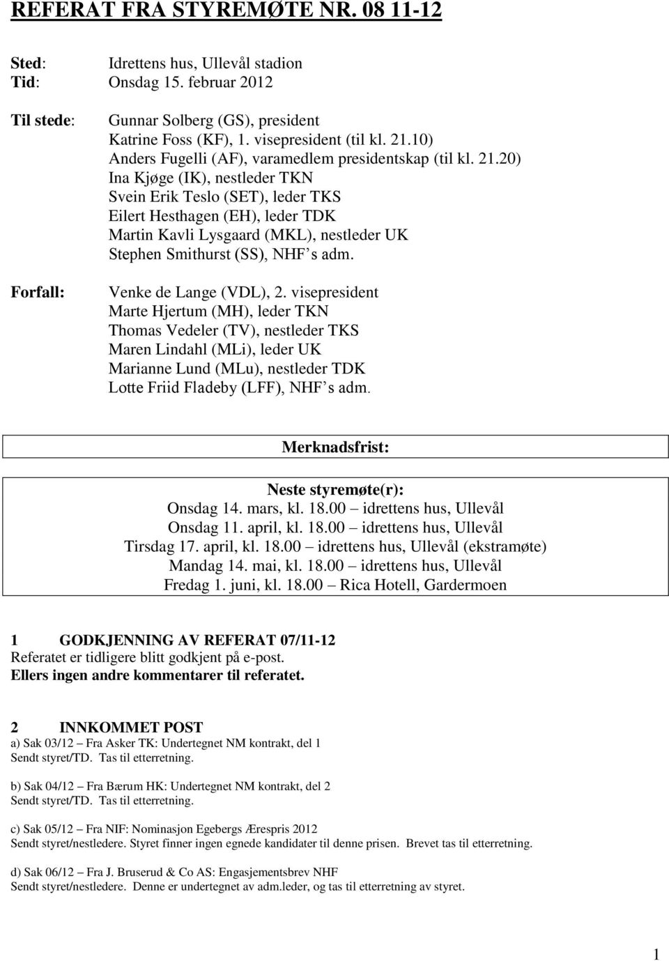 20) Ina Kjøge (IK), nestleder TKN Svein Erik Teslo (SET), leder TKS Eilert Hesthagen (EH), leder TDK Martin Kavli Lysgaard (MKL), nestleder UK Stephen Smithurst (SS), NHF s adm.