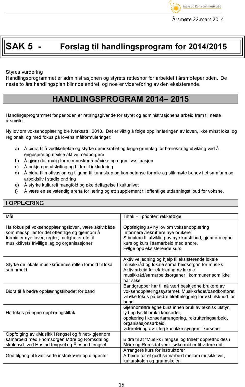 HANDLINGSPROGRAM 2014 2015 Handlingsprogrammet for perioden er retningsgivende for styret og administrasjonens arbeid fram til neste årsmøte. Ny lov om voksenopplæring ble iverksatt i 2010.