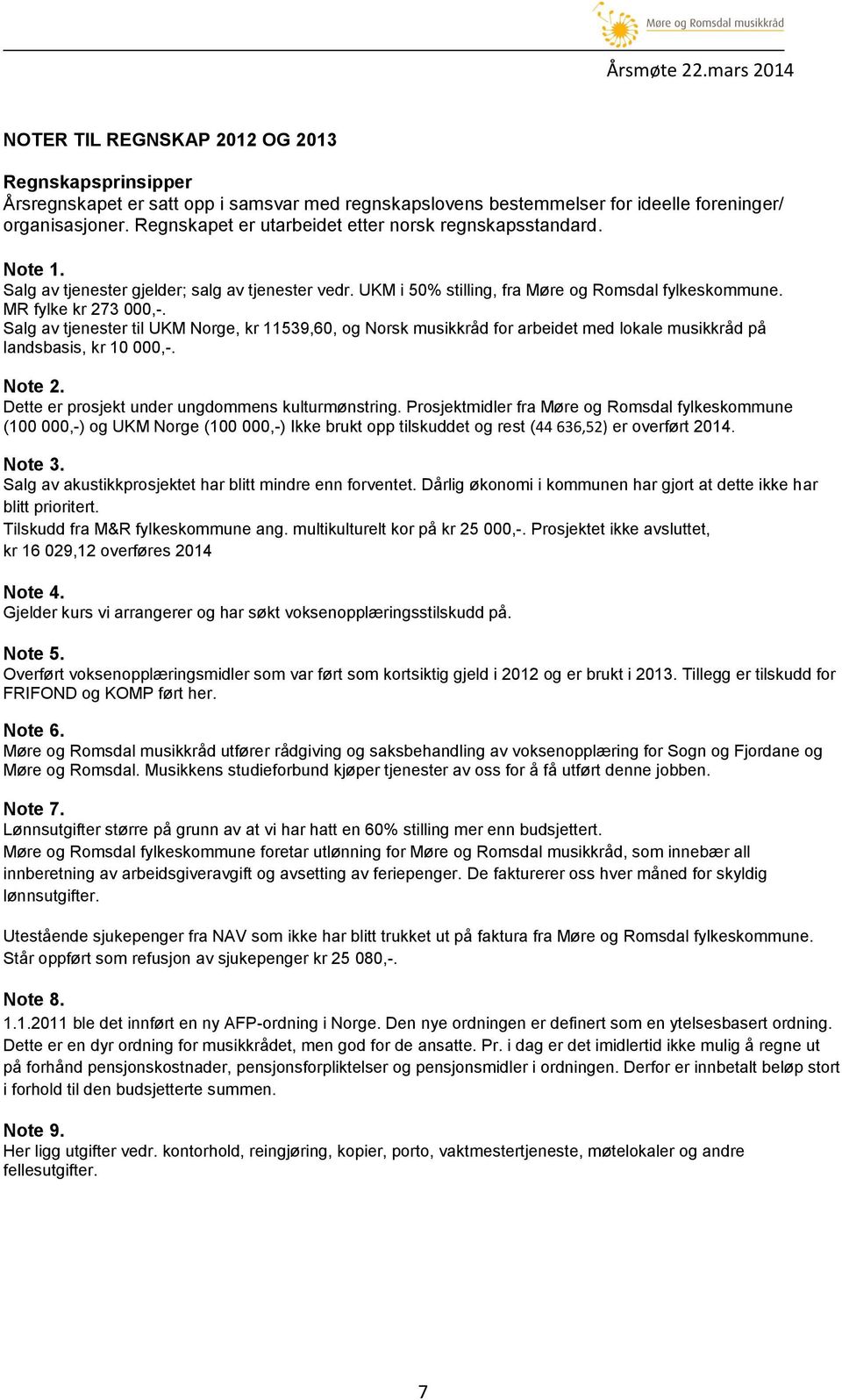 Salg av tjenester til UKM Norge, kr 11539,60, og Norsk musikkråd for arbeidet med lokale musikkråd på landsbasis, kr 10 000,-. Note 2. Dette er prosjekt under ungdommens kulturmønstring.