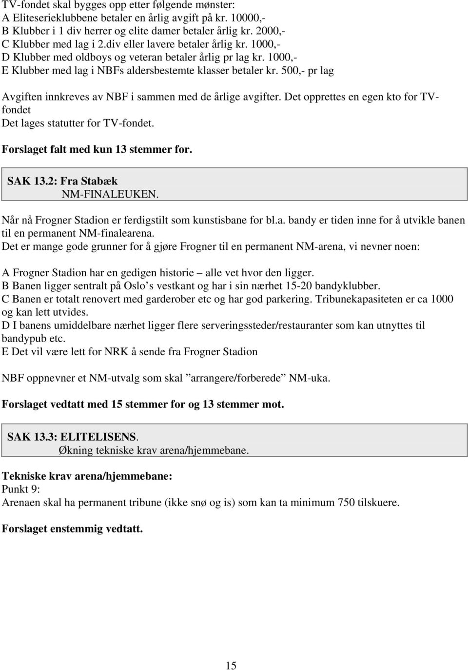 500,- pr lag Avgiften innkreves av NBF i sammen med de årlige avgifter. Det opprettes en egen kto for TVfondet Det lages statutter for TV-fondet. Forslaget falt med kun 13 stemmer for. SAK 13.