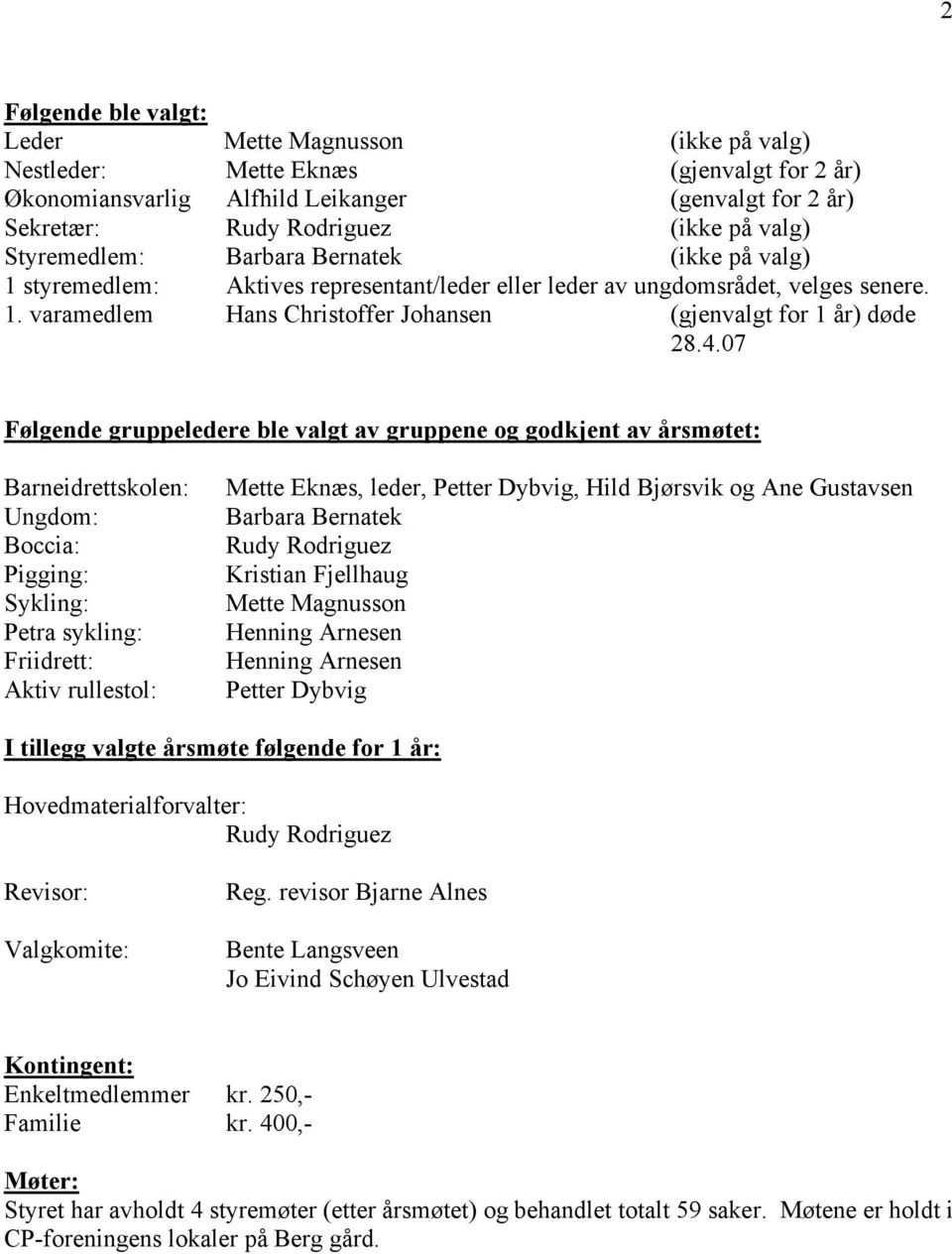 4.07 Følgende gruppeledere ble valgt av gruppene og godkjent av årsmøtet: Barneidrettskolen: Ungdom: Boccia: Pigging: Sykling: Petra sykling: Friidrett: Aktiv rullestol: Mette Eknæs, leder, Petter