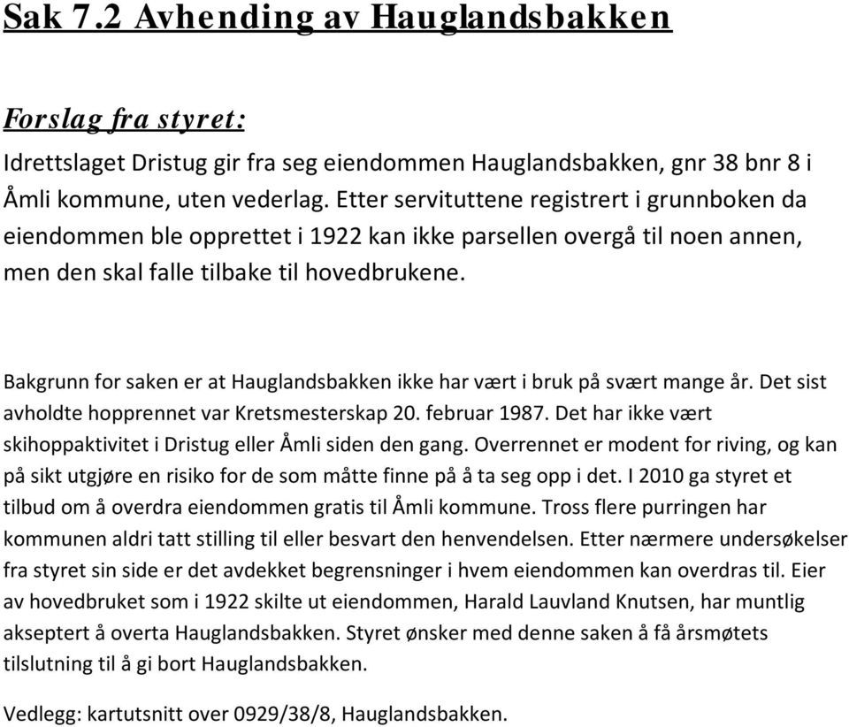 Bakgrunn for saken er at Hauglandsbakken ikke har vært i bruk på svært mange år. Det sist avholdte hopprennet var Kretsmesterskap 20. februar 1987.