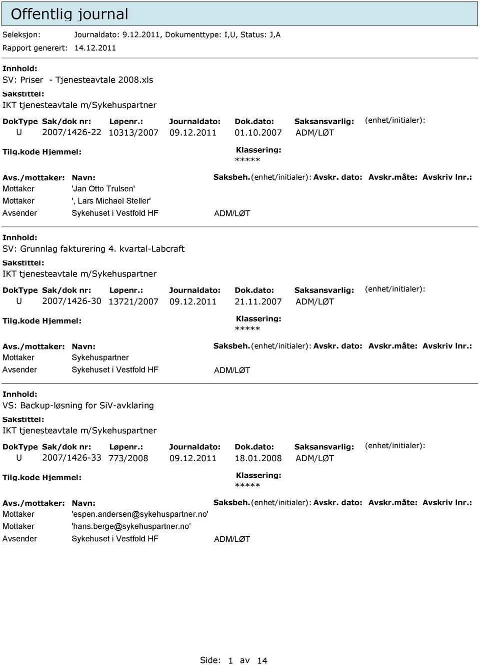 kvartal-labcraft KT tjenesteavtale m/sykehuspartner 2007/1426-30 13721/2007 21.11.2007 Avs./mottaker: Navn: Saksbeh. Avskr. dato: Avskr.måte: Avskriv lnr.