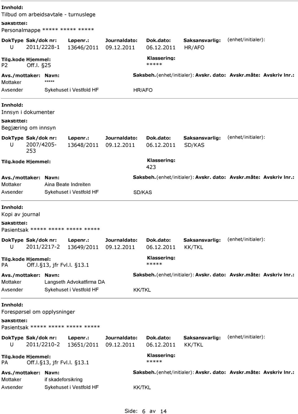 måte: Avskriv lnr.: Mottaker Aina Beate ndreiten Kopi av journal Pasientsak 2011/2217-2 13649/2011 Avs./mottaker: Navn: Saksbeh. Avskr. dato: Avskr.