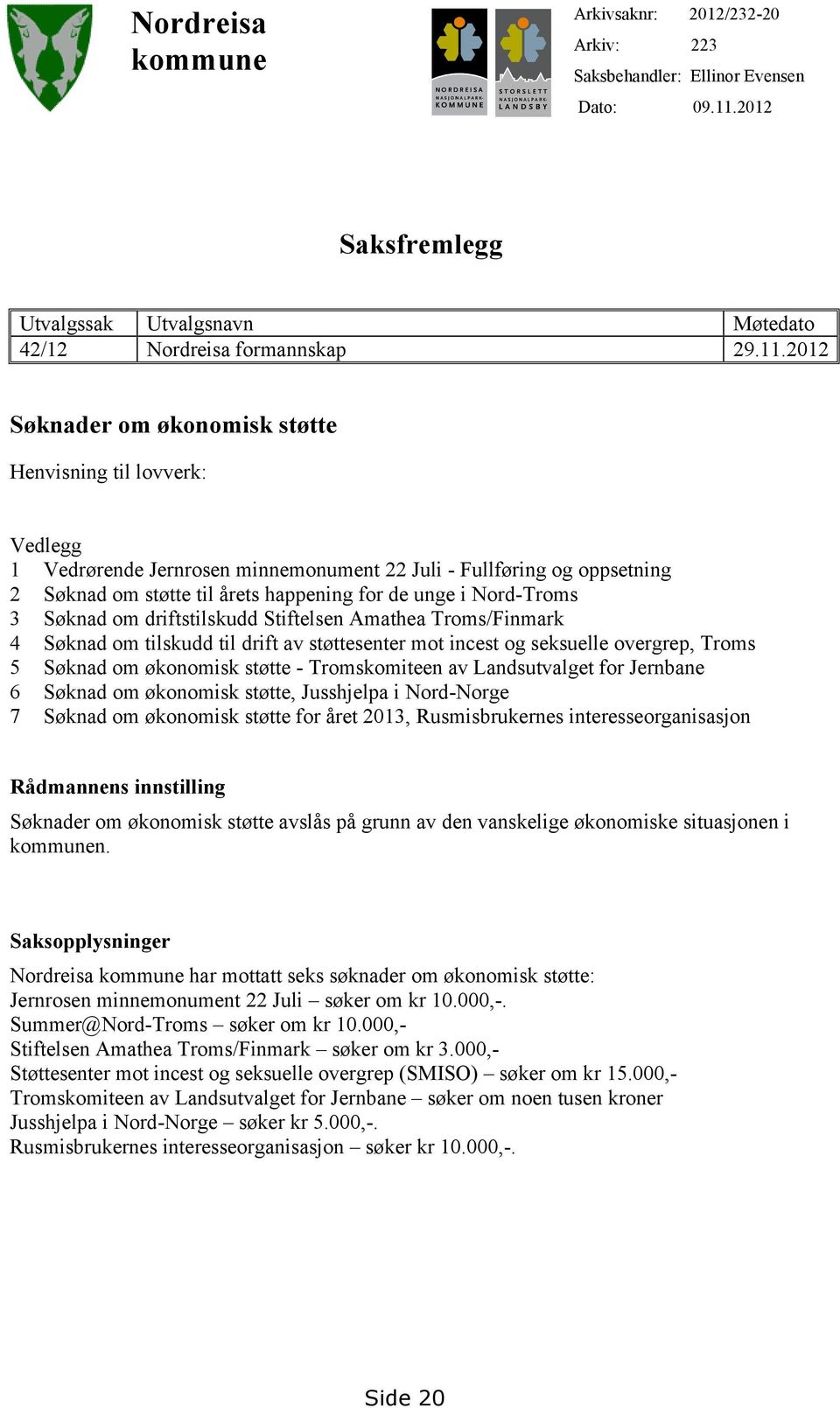 2012 Søknader om økonomisk støtte Henvisning til lovverk: Vedlegg 1 Vedrørende Jernrosen minnemonument 22 Juli - Fullføring og oppsetning 2 Søknad om støtte til årets happening for de unge i