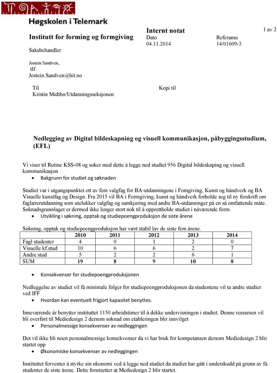 studiet 956 Digital bildeskaping og visuell kommunikasjon Bakgrunn for studiet og søknaden Studiet var i utgangspunktet ett av fem valgfag for BA-utdanningene i Fomgiving, Kunst og håndverk og BA