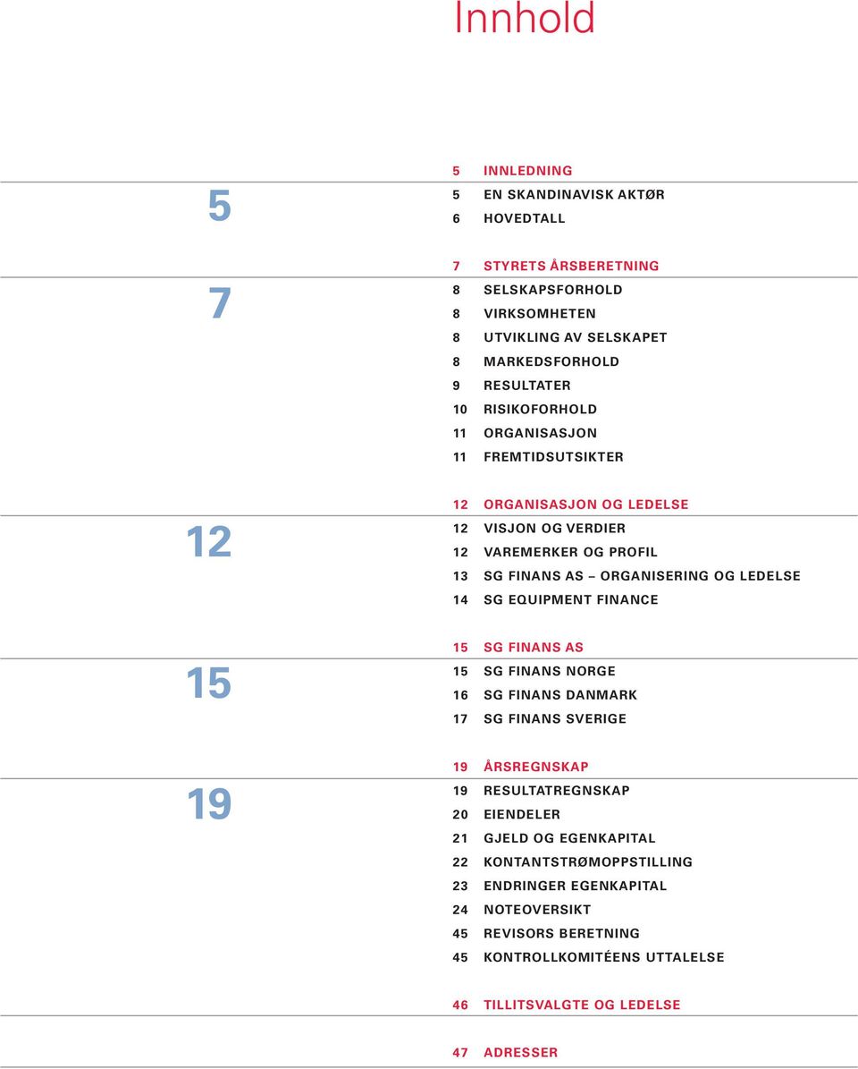 ledelse 14 sg equipment finance 15 15 SG finans as 15 SG Finans NORGE 16 SG Finans Danmark 17 SG Finans sverige 19 19 ÅRSREGNSKAP 19 RESULTATREGNSKAP 2 eiendeler 21