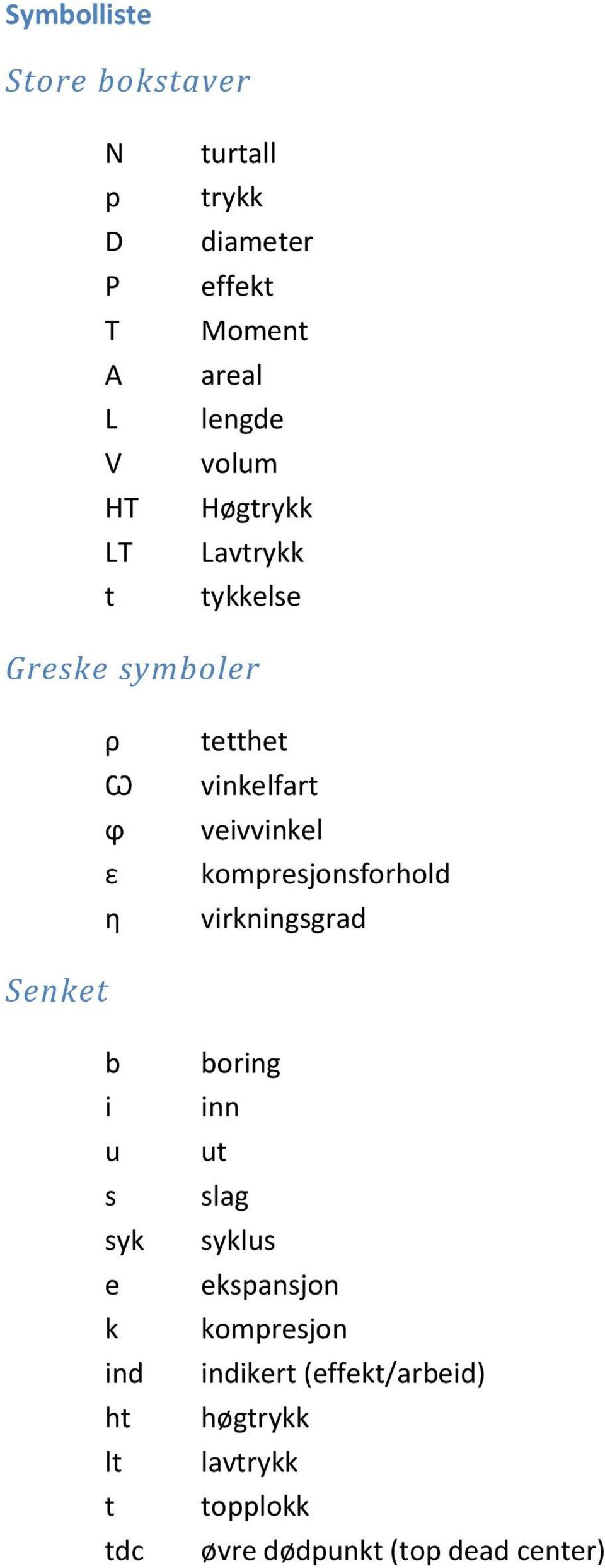 kompresjonsforhold η virkningsgrad Senket b boring i inn u ut s slag syk syklus e ekspansjon k