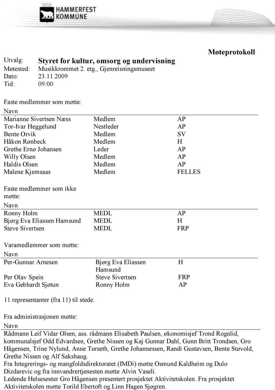 AP Willy Olsen Medlem AP Haldis Olsen Medlem AP Malene Kjemsaas Medlem FELLES Faste medlemmer som ikke møtte: Navn Ronny Holm MEDL AP Bjørg Eva Eliassen Hamsund MEDL H Steve Sivertsen MEDL FRP