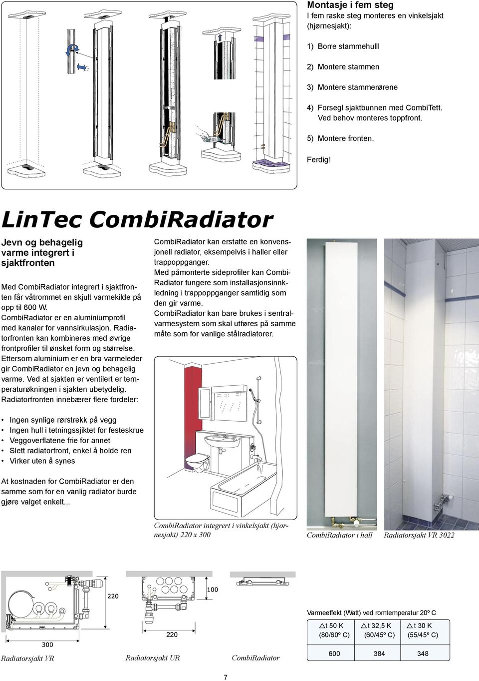 LinTec CombiRadiator Jevn og behagelig varme integrert i sjaktfronten Med CombiRadiator integrert i sjaktfronten får våtrommet en skjult varmekilde på opp til 600 W.