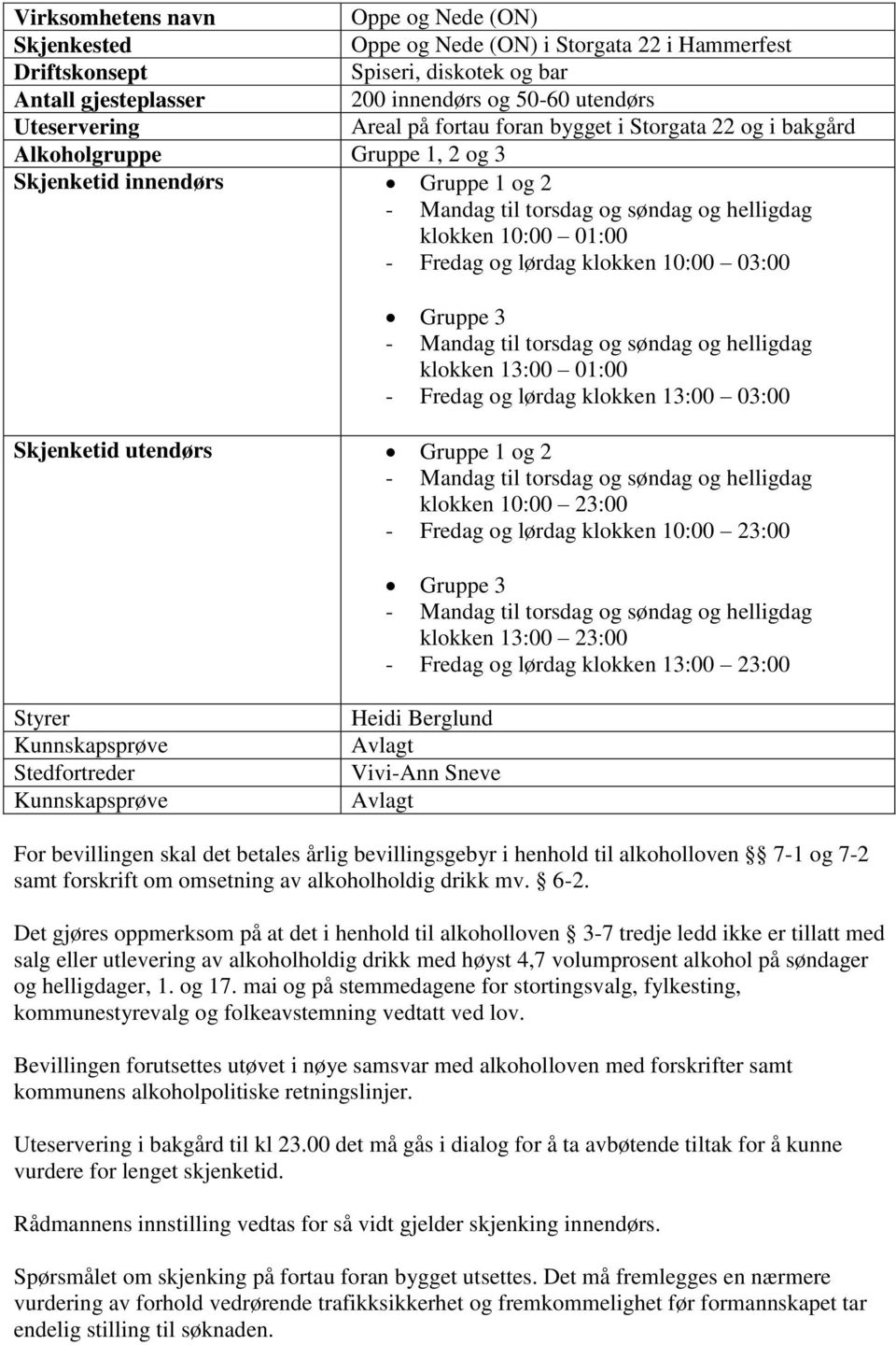 lørdag klokken 10:00 03:00 Gruppe 3 - Mandag til torsdag og søndag og helligdag klokken 13:00 01:00 - Fredag og lørdag klokken 13:00 03:00 Skjenketid utendørs Gruppe 1 og 2 - Mandag til torsdag og