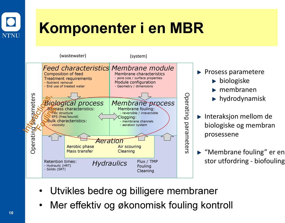 Membrane module Membrane characteristics - pore size / surface properties Module configuration - Geometry / dimensions Membrane process Membrane fouling: - reversible / irreversible Clogging: -