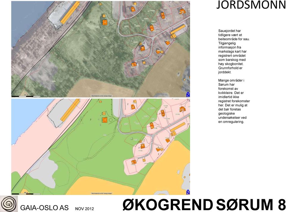 Grunnforhold er jorddekt. Mange områder i Sørum har forekomst av kvikkleire.