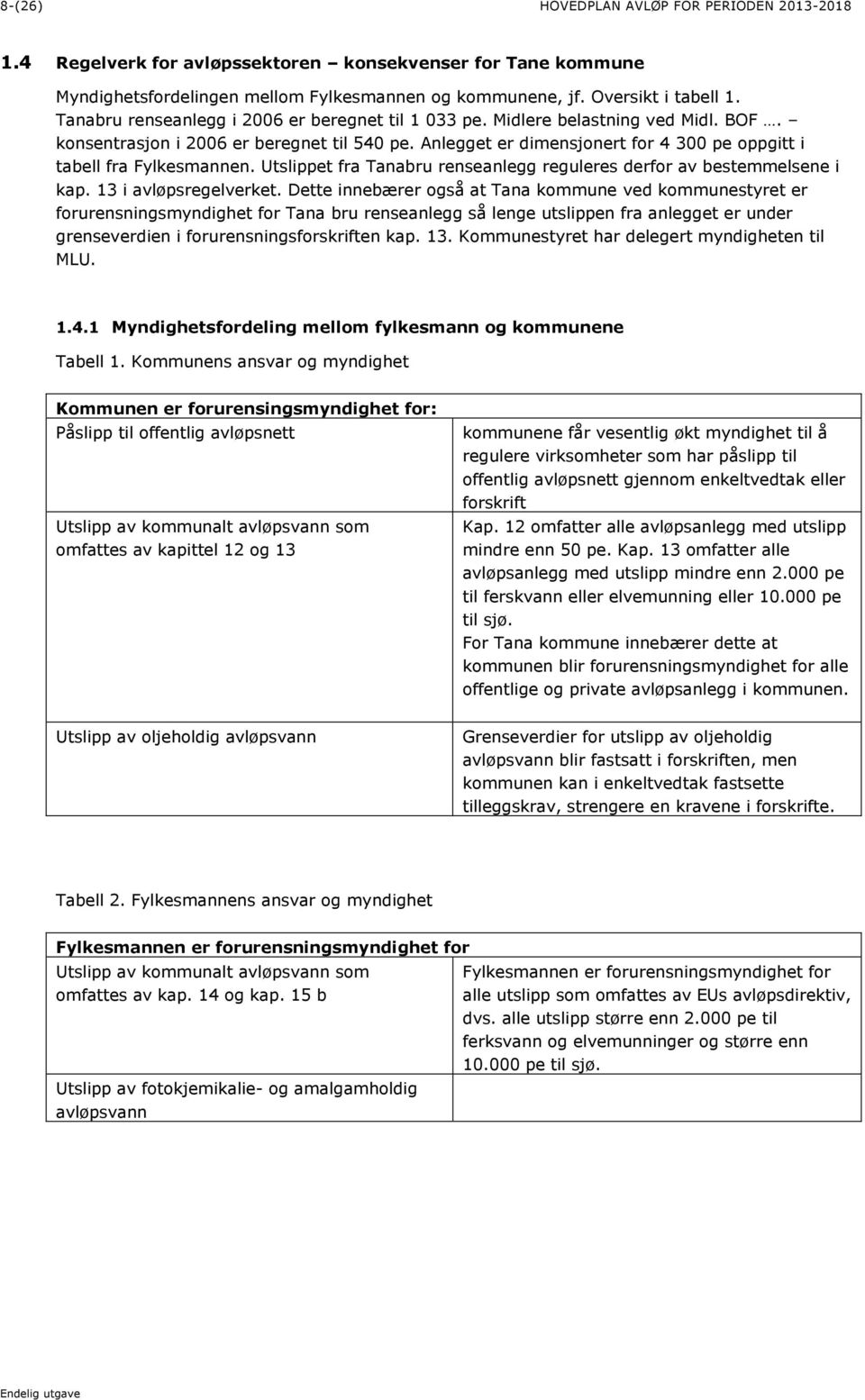 Anlegget er dimensjonert for 4 300 pe oppgitt i tabell fra Fylkesmannen. Utslippet fra Tanabru renseanlegg reguleres derfor av bestemmelsene i kap. 13 i avløpsregelverket.